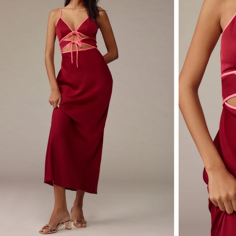 NWT Anthropologie Misha Ramira V-neck Cutout Midi Dress Red Satin Size L Large - Picture 2 of 16
